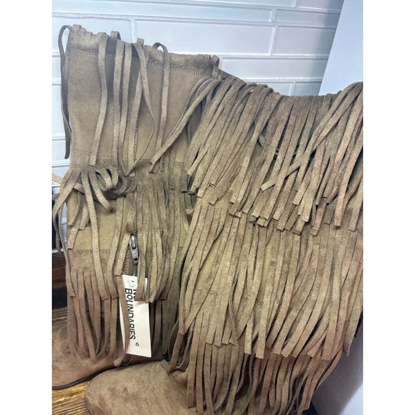 No Boundaries Tan Tall Faux Suede Fringe Boots Size 6 - Image 7