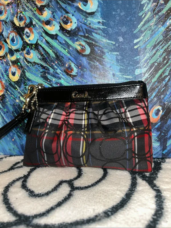 Coach Plaid Signature Wristlet in Red, Black and Tan - Image 2