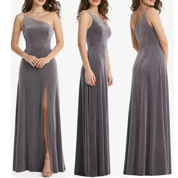 NWT After Six One Shoulder Velvet Maxi Dress Gown in Caviar Gray‎ - Image 2