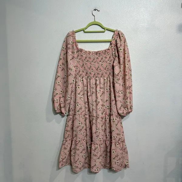 AS U WISH Pink Floral Smocked Long Sleeve Mini Dress Sz M - Image 9