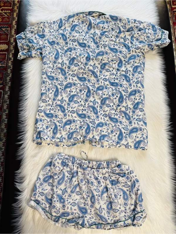 Kalami Rumi Blue and White Paisley Print PJ Shorts Set - Image 3
