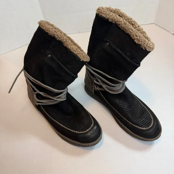 OTBT‎ Womens Black Slope Faux Shearling Lined Winter Boots Mid Calf Wrap Lace - Image 10