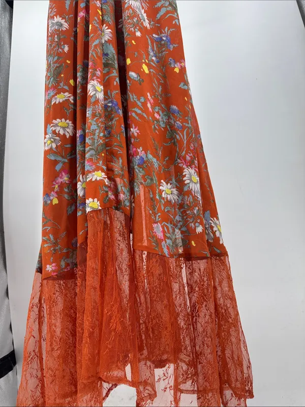 Women's Maxi floral Dress Burnt Orange open back M lace boho casual ruffle - Image 8
