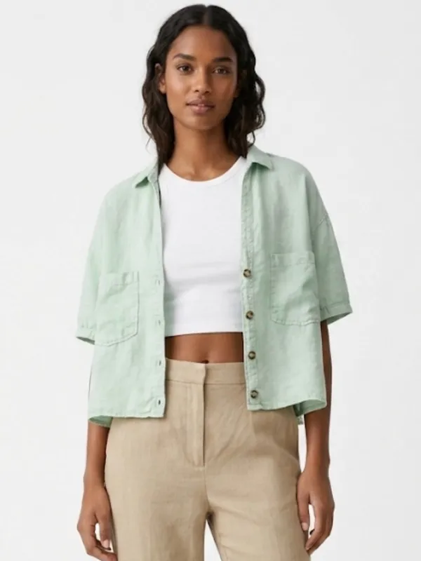 Zara Linen Crop Short Sleeve Button Down Blouse Mint Green Large Boho - Image 7
