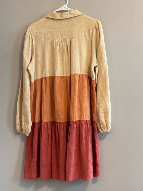 Umgee Medium Colorblock Tiered Cotton Boho Tunic Dress Rust Cream‎ - Image 3