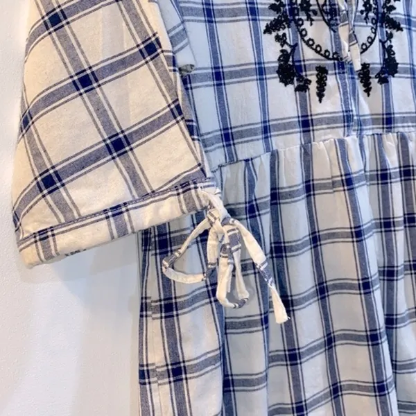 Umgee blue plaid floral embroidered dress size small - Image 8