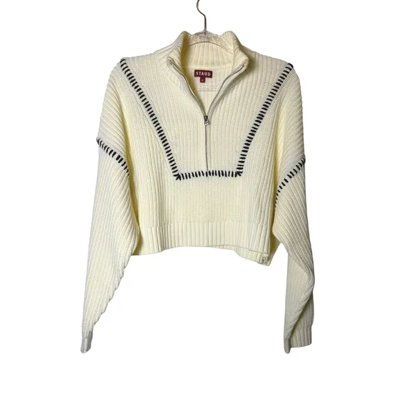 Staud Hampton Cropped Sweater Cream and Navy Blue Stitch - Image 5