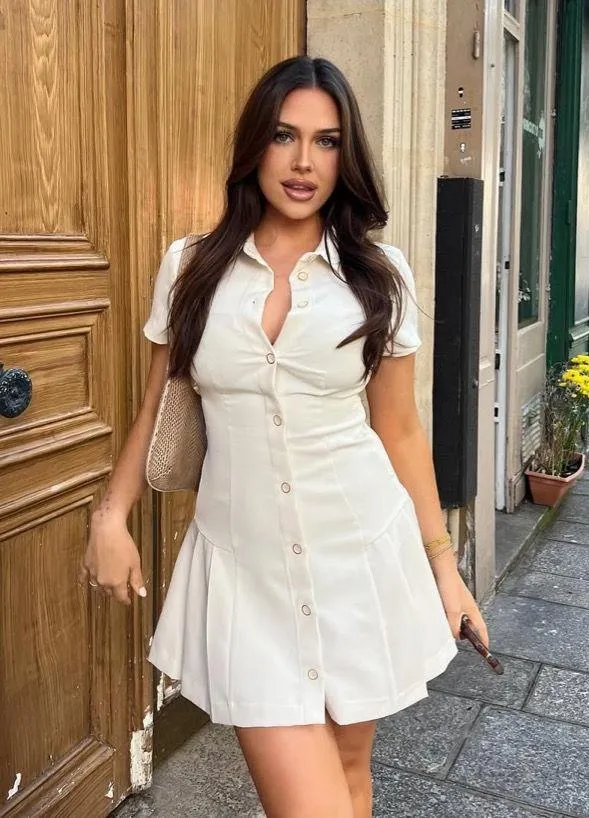Zara mini dress pleated skirt collar button up ivory casual classic old money - Image 4