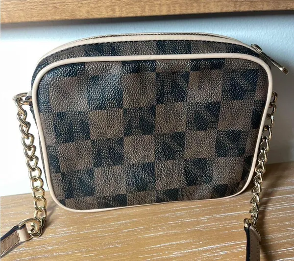 Michael Kors Gold Plaque Brown Checkered Mini Crossbody Bag - Image 2