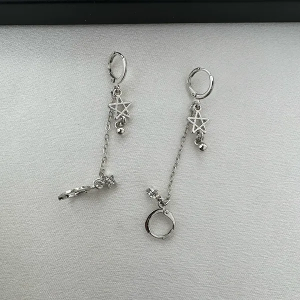 Double Piercing Dangle Chain Star Earrings for Women Silver - Image 3