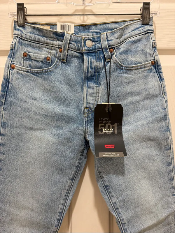 Levi's Light Blue Denim 501 Skinny High Waist Button Fly Jeans Size 24x28 - Image 3