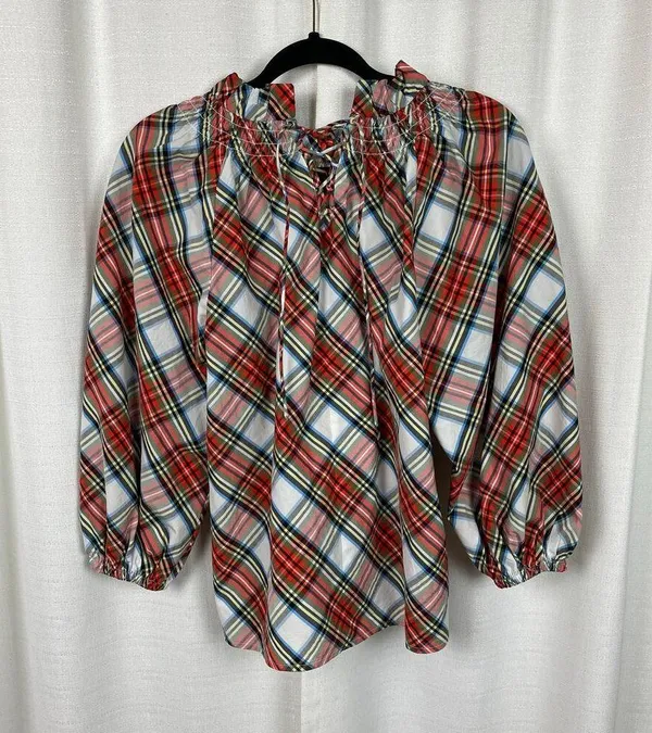 J.Crew Tartan Plaid Smocked Neck Popover Blouse Sz.XS - Image 8