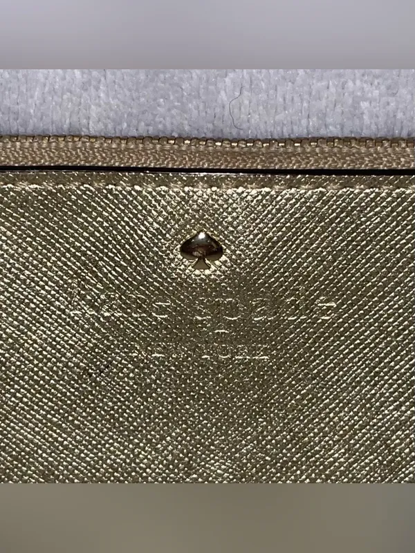 Kate Spade Gold Saffiano Leather Wristlet Clutch Wallet Pouch Polka Dot Lining - Image 6