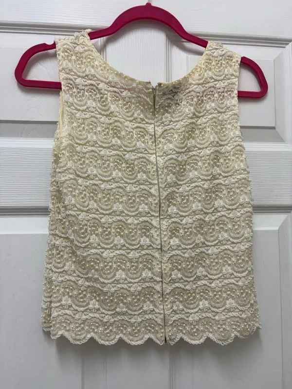 Vintage 1960s Regalia Imports Beaded Silk Lace Top Sleeveless Shell Cream S - Image 3