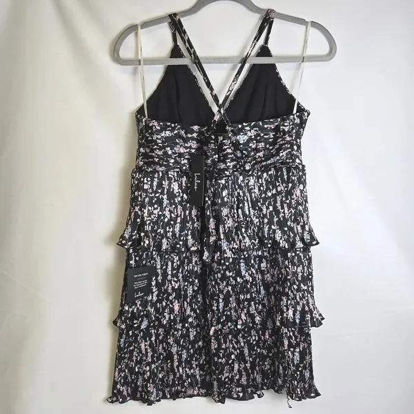 Lulus Quaint Cute Black Floral Pleated Tiered Mini Dress Lined XL New - Image 2