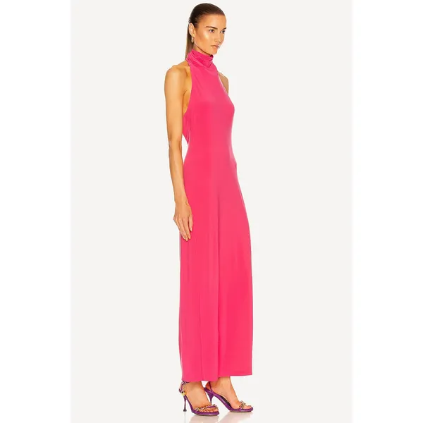 Norma Kamali Halter Turtleneck Side Slit Maxi Dress Size XS Coral Jersey Stretch - Image 9