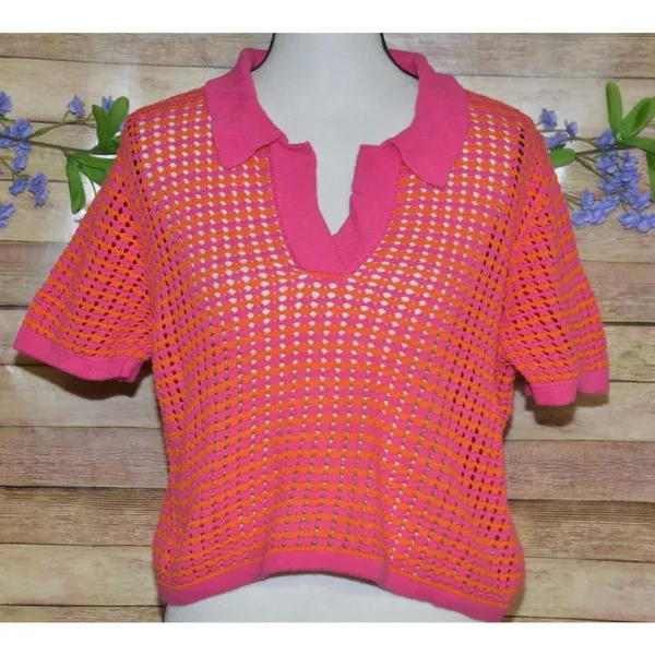 Boutique Color Block Crochet V-neck Top by KARLIE Ladies L Crop Casual Cotton - Image 2