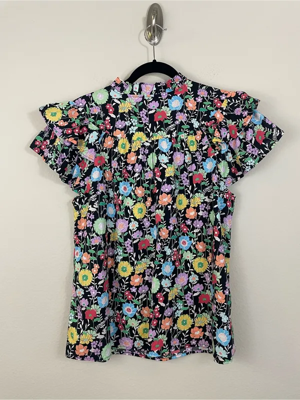 Entro Floral Ruffle Poplin V‎ Neck Blouse Size Large - Image 6