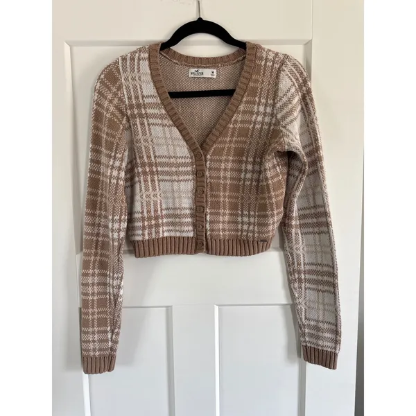 Hollister Tan Plaid Cropped Cardigan Button Front Knit Sweater Medium - Image 4