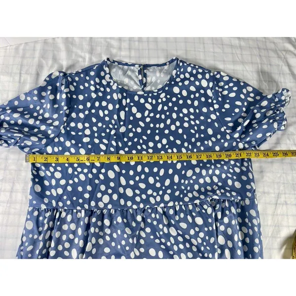 Blue White Polka Dot Tiered Midi Dress Puff Sleeve Boho No Size Tag Fits XL/2XL) - Image 4