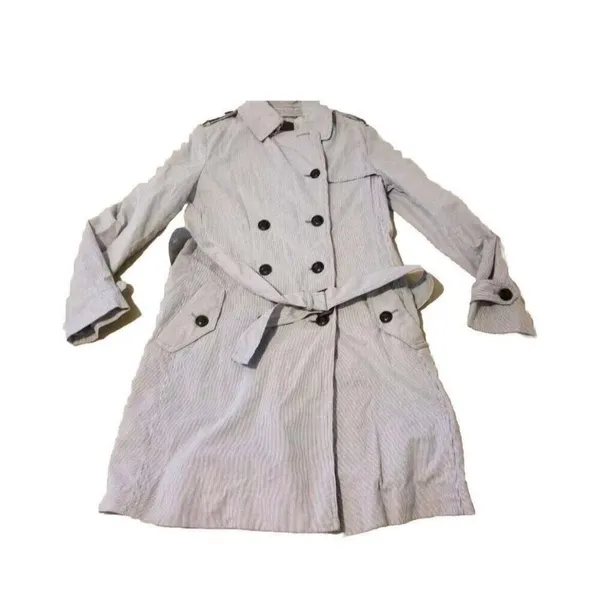 GAP Women’s Blue Pinstriped Double Breasted Trench Coat Medium Belted Classic - Image 2
