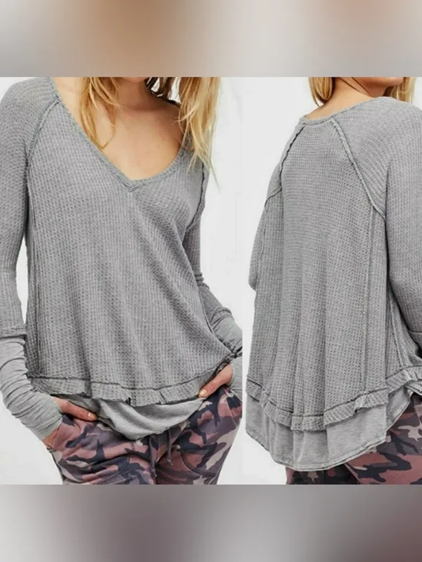 Free People We The Free Grey Thermal Long Sleeve Waffle Knit Oversized Top - Image 2