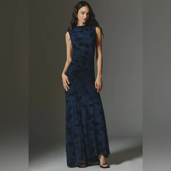 Rails Cosmos Floral Ruched Mesh Maxi Dress Navy Floral Wedding Guest Dress S - Image 3
