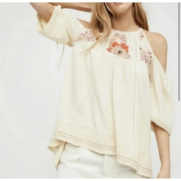 Free People Fast Time Beaded Cold Shoulder Floral Blouse S Boho - Image 2