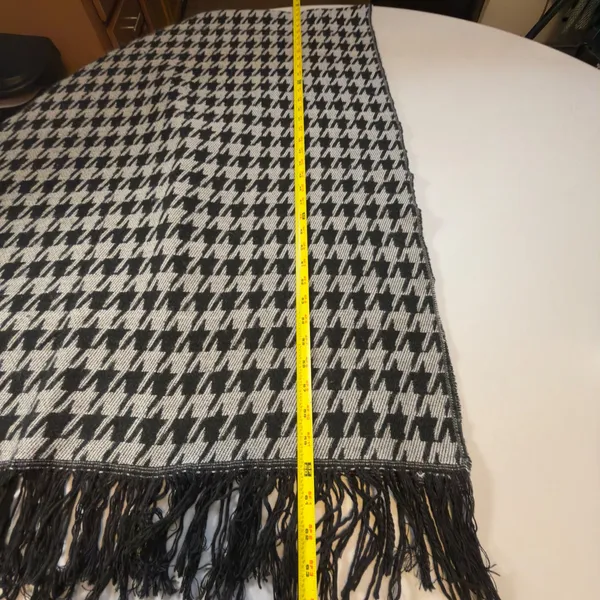 Houndstooth Fringe Poncho Wrap Open Front Shawl Black Grey Woven Cape Womens - Image 8
