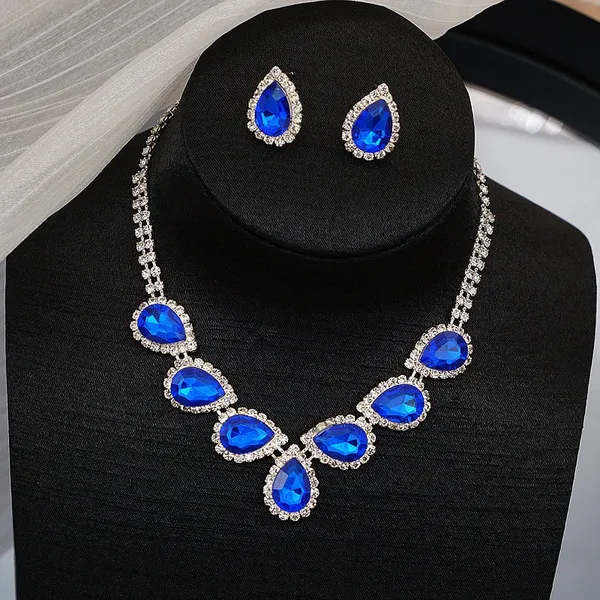 Bridal Wedding Jewelry Set Crystal Sapphire Bridesmaid Party Necklace Drop Dangle Earrings Set - Image 4