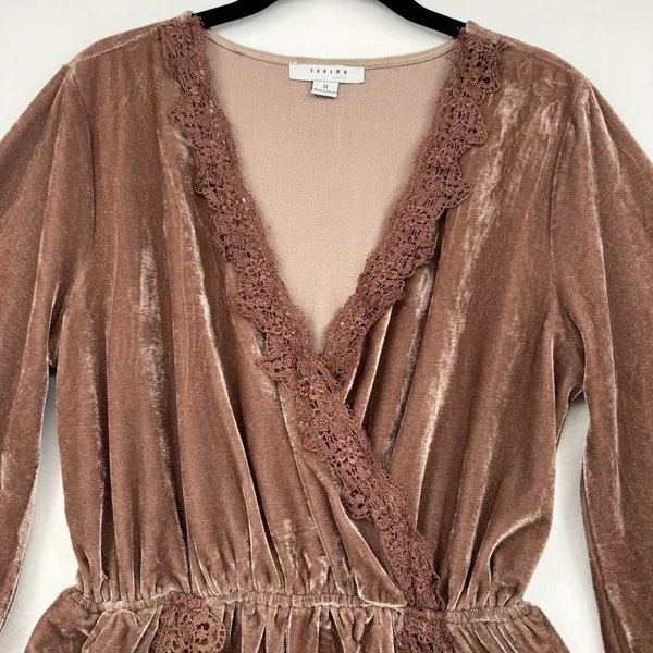 Velvet Romper Lace Trim Boho Festival Bell Sleeve Mauve Brown Festival Trendy S - Image 3