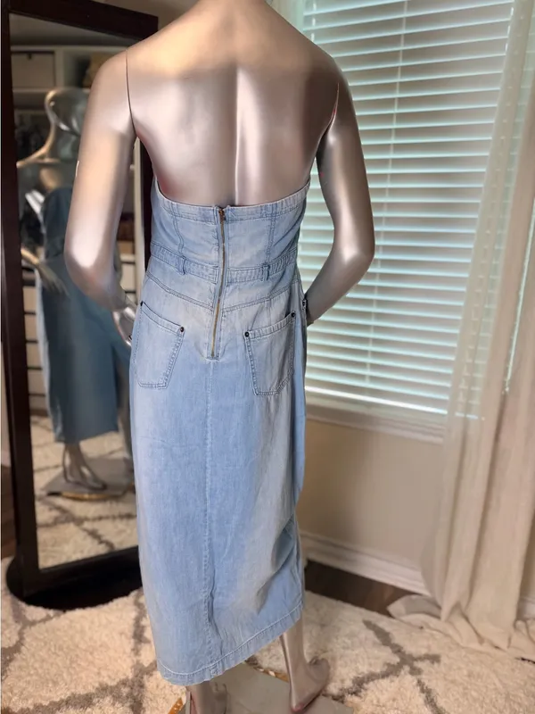 Free People Denim Midi Dress Size 8 Blue Strapless Cotton Front Slit Pockets - Image 6