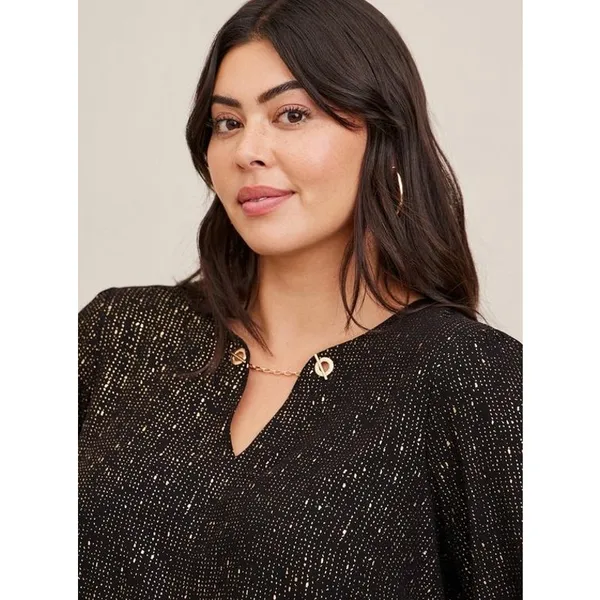 Torrid Womens Blouse Sz 2 2X 18 20 Black Gold Crepe Chain Detail 3/4‎ Sleeve - Image 4