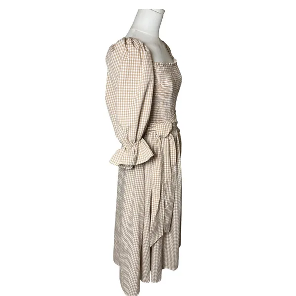 AURA Gingham Smocked Square Neck Midi Dress Beige White Puff Sleeve‎ Belted M - Image 2