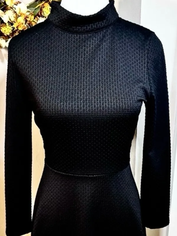 Free People Flirt N Flare Black Textured Open Back Mini Dress Mock Neck Sz M💛 - Image 7