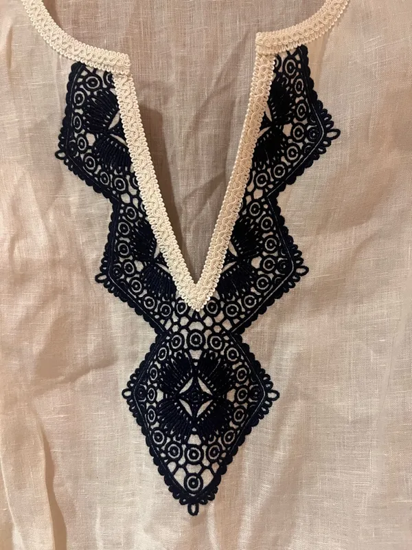 Tory Burch Margarita‎ Cream Linen Tunic Cover-Up Navy Blue Embroidery Size XS - Image 5