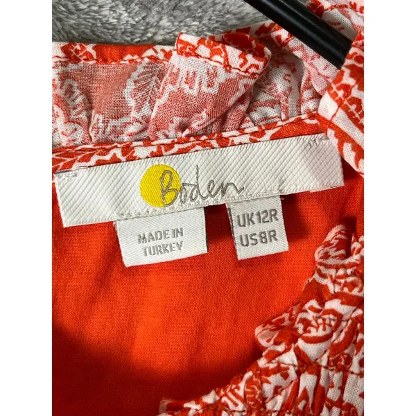 Boden Sleeveless Smocked Mini Dress Orange White Paisley Tie Waist Cottagecore 8 - Image 5
