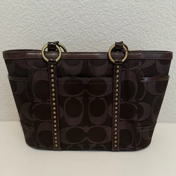 COACH Gallery Metallic Dark Chocolate Bronze Jacquard Signature Studded Tote - Image 3