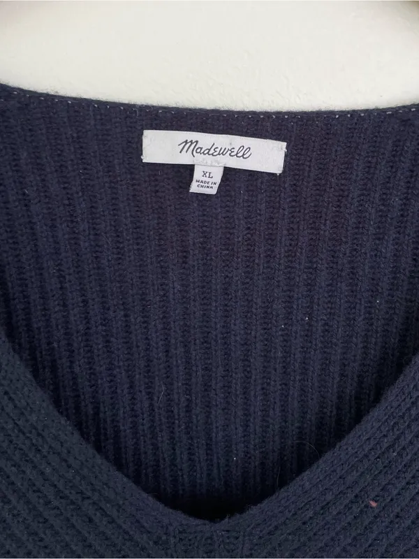 Madewell Woolside Pullover V-neck Sweater in Navy Blue XL Ribbed Texture Knit - Image 8