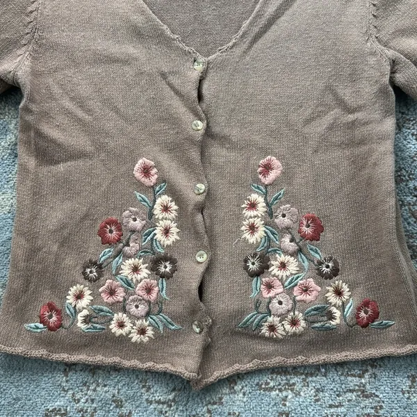 Vintage Casual Corner & Co. Embroidered Knit Floral Sweater Brown Large - Image 2