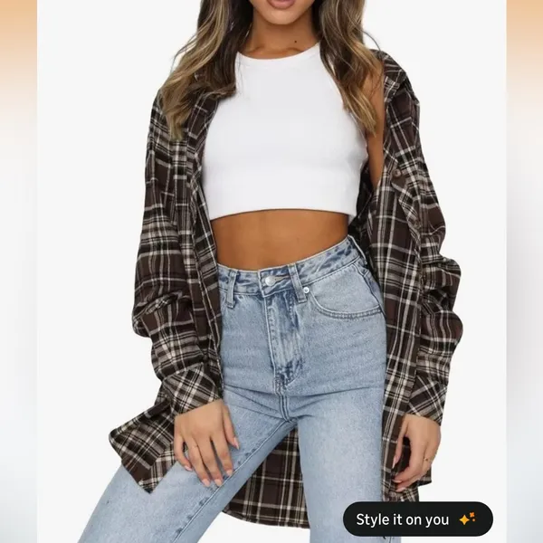 LaCozy Women’s Oversized Flannel Shirt in Brown Plaid - Image 2