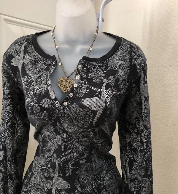 Y2K Longhorn Gothic Grunge Black grey long sleeve henley top shirt blouse #subversive #gorpcore #whimsygoth #biker #skull angels wings cross 1/4 snap button - Image 2