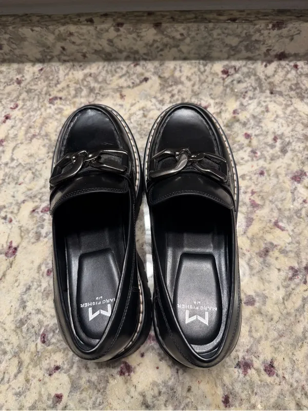 Marc Fisher Black Leather Silver ChainHorsebit Loafer Shoes Fall Chunky - Image 8