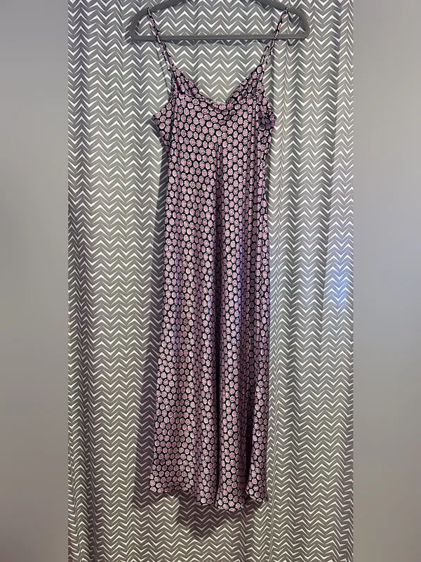Zara | Pink and Black Daisy Print Satin Maxi Slip Dress, Small - Image 5
