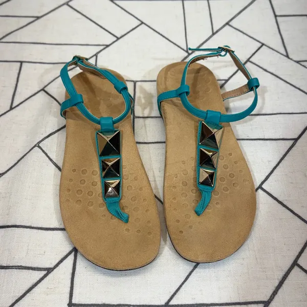 Vionic Sandals Size 8 Teal Leather Gold Studded Orthotic T-Strap‎ Ankle Strap - Image 5