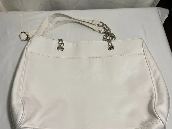 White Faux Leather Tote Bag Silver Floral Cutout Shoulder Purse Chain Handles - Image 5