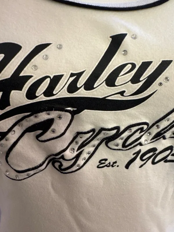 Harley-Davidson White Tank Top with Black Script and Rhinestones Y2K - Image 3