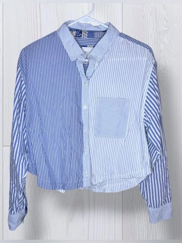 AMERICAN EAGLE Mixed Stripe Cropped Button-Up Shirt | Blue & White - Image 3