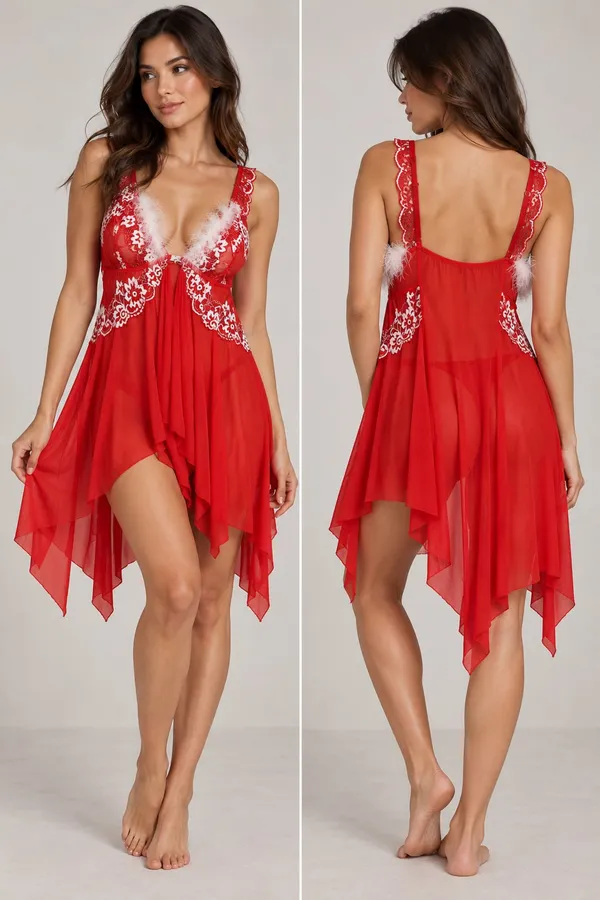 Kle Red Lace and Feather Trim Babydoll Lingerie Dress - Image 2
