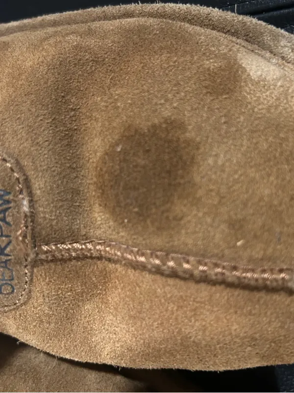 BearPaw Chestnut Suede Shearling Clog Slippers with Cream Cuff please see stain - Image 8